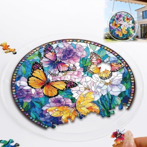 Acrylic Puzzles Suncatcher Window Hanging, 83 Pieces Stained Glass Sun Catcher Puzzle Decoration for Home Garden, Birthday Gifts for Mom Women Adults (Butterfly)
