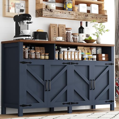 knoworld Buffet Sideboard with Storage Farmhouse with 4 Doors 55 Large Kitchen Storage Cabinet Wood Coffee Bar Buffet Table for Kitchen Dining Room (Blue 55 in)