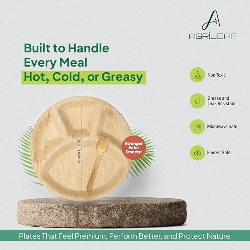 Image of 12 inch 4 Compartment Areca Palm Leaf Plates with Spork | 24 Pack (12 Plates + 12 Sporks) | Eco-Friendly, Compostable, Strong & Sturdy | Use & Throw Dinnerware for Party, Wedding, Events
