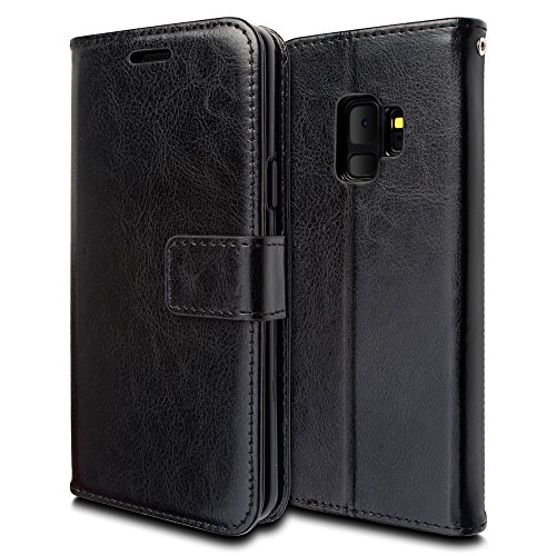 TECHGEAR Galaxy S9 Case - Leather Wallet Flip Protective Case Cover with Card Slots, Kickstand and Wrist Strap - Black PU Leather Compatible with Samsung Galaxy S9