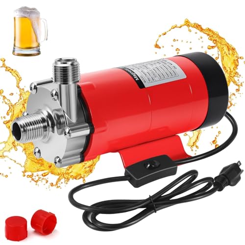Image of Magnetic Beer Pump Wort Pump for Brewing, 304 Food Grade Stainless Steel Head Brew Pump Magnetic Drive Pump with Inline Switch & 1 /2 inch NPT Thread (Red)