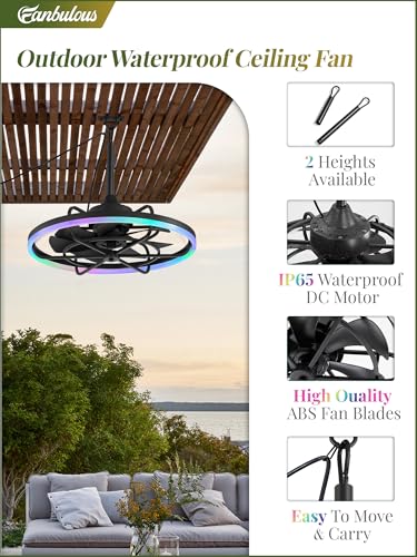 Image of Fanbulous Outdoor RGB Ceiling Fans with Light, 24 inch Waterproof Gazebo Fan | IP65, Weatherproof, Plug in, Remote&APP Control, 3CCT Dimmable,2H Timer, Caged, with Hanging Hook for Patio, Porch, Pergola