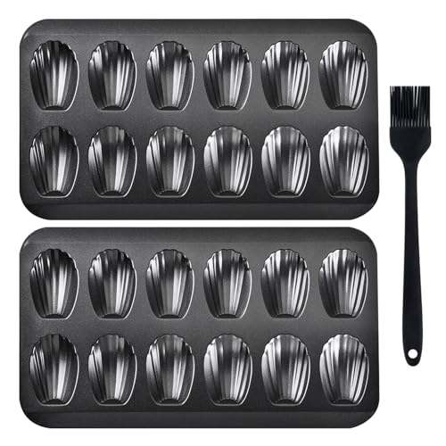 Rixotix 2PCS 12 Cup Carbon Steel Shell Shape Madeline Trays, Madeleines Baking Tray with Silicone Brush, Nonstick Heavy Duty Cookie Cake Scone Pan Baking Mold for Oven Baking