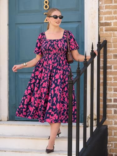 Image of RITERA Plus Size Dresses for Curvy Women Square Neck Short Sleeve Summer Floral Smocked Maxi Dress with Pocket XL-5XL