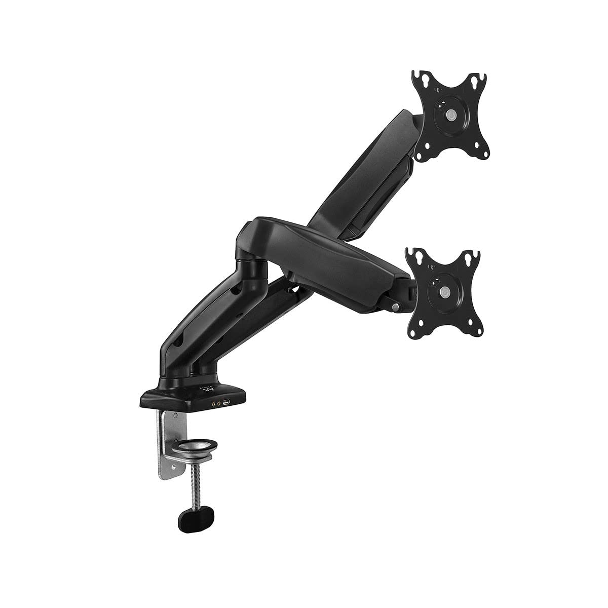 Ewent Monitorhouder, 2 monitoren voor 13 tot 27 inch led-lcd-schermen, instelbare gasveer-monitorarm, volledig beweegbaar, draaibaar, VESA 75 x 100 mm, met klem, elke arm houdt 6,5 kg, 2 x audio en