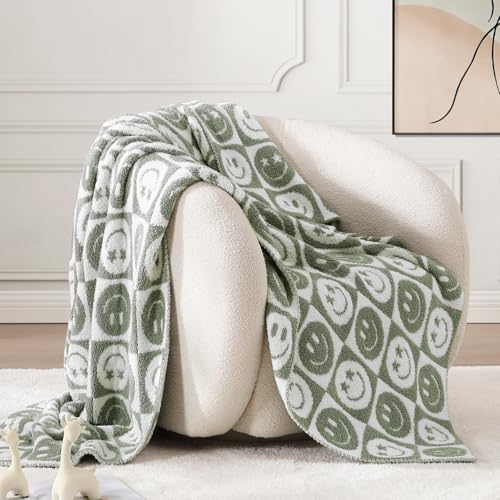 WRENSONGE Checkered Throw Blanket Seagrass Smiling Face Soft Cozy Fluffy Warm Hand Made Throw Blankets for Couch, Sofa, Chair, Bed, Camping, Picnic, Travel Lightweight Bed Blanket - 50"*60"