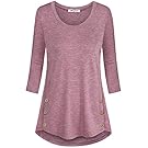 SeSe Code Womens 3/4 Sleeves Round Neck Button Side Tunic Tops Loose Fitting Shirt