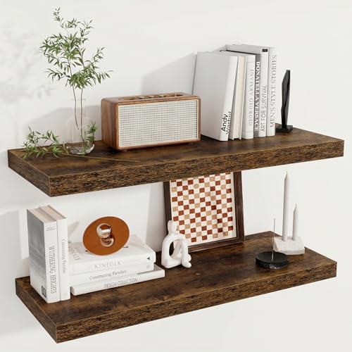 Image of Fun Memories Deep Floating Shelves, 32W x 12D Rustic Brown Wall Shelves, 32 Long Rustic Wood Wide Storage Shelves for Bedroom, Kitchen, Farmhouse, Laundry Room, Bedroom, Kitchen, Home Office- Set of 2
