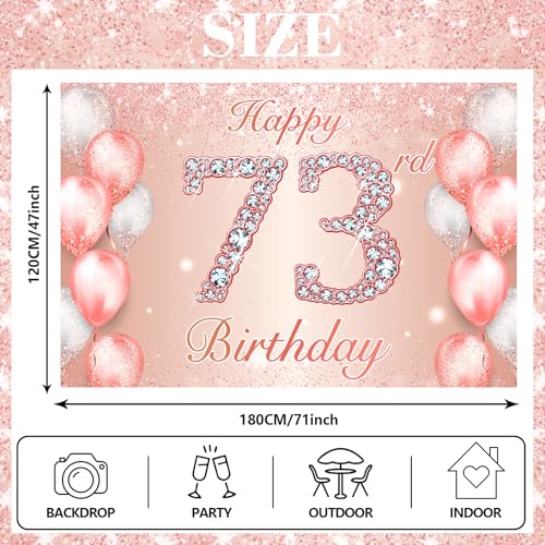 Image of Happy 73rd Birthday Rose Gold Banner Cheers to 73 Years Old Backdrop Confetti Balloons Theme Decor for Women 73 Years Old Pink Birthday Party Decorations Bday Supplies Background Favors Gift Glitter