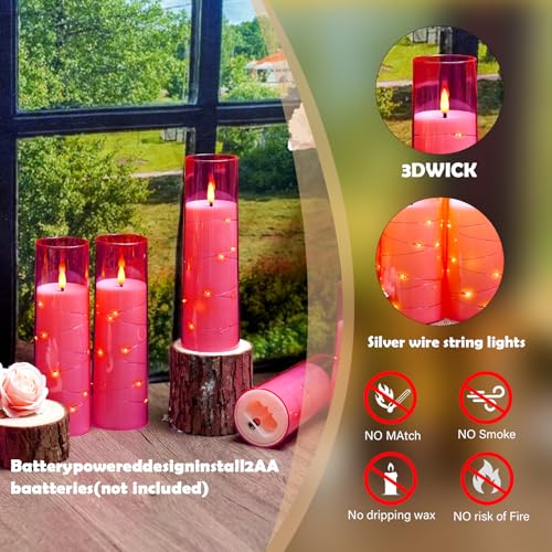Image of Sasigeiaa Flameless Candles with Embedded Star String - Battery Operated LED Candles, with Remote,12 Pink Flickering Candles for Christmas, Weddings, Home Decor & Party,(D 2.3 inchxH 5 inch 6 inch 7 inch)