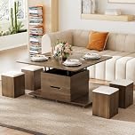 Homary Lift-up Coffee Table with Storage, Extendable Coffee Table to Dining Table with Stools and Drawers, Wooden Tea Table Walnut for Living Room, Transformer table Space-Saving Design