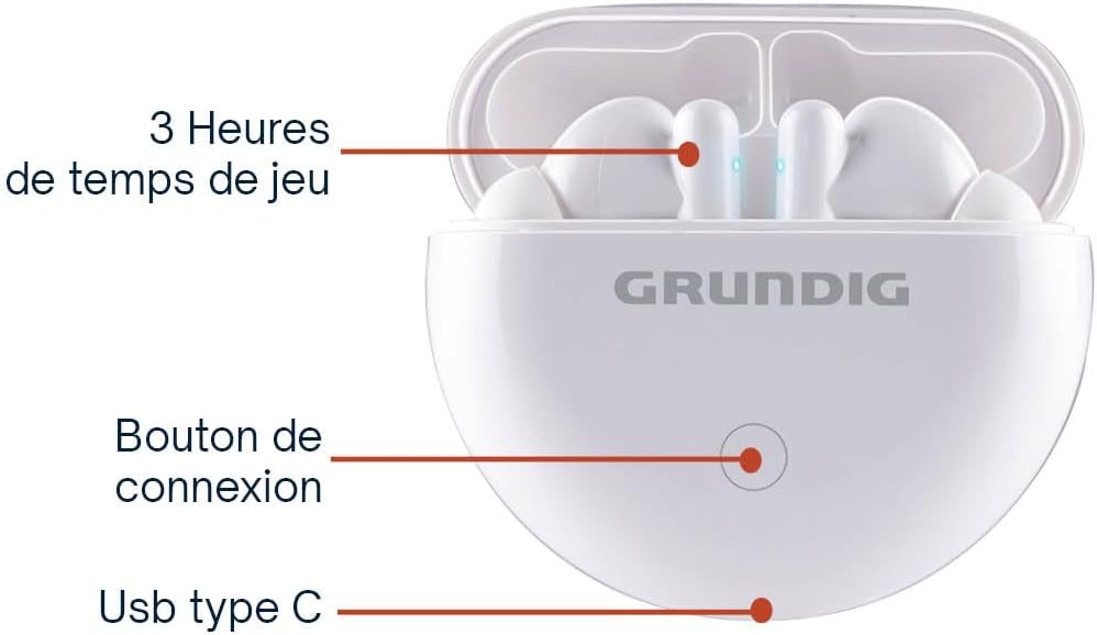 Grundig charging case with connection button and USB Type-C port labeled