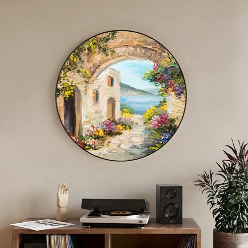 Image of PAINTINGMANTRA House Near The Sea Round Large Wall Art Painting for Living Room Decoration, Circular Gold Metal Finish Stylish Large Wall Art Print for Wall Decor (22x22 Inches)