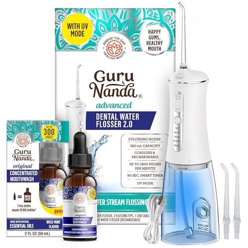 GuruNanda Advanced Water Flosser 2.0 with UV Mode & Concentrated Mouthwash Duo - Fresh Breath &...