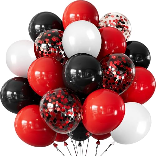 Ballons Noir Rouge Blanc, 60 Pièces Ballon Latex Noir Rouge Avec 12 Pouces Ballon Confettis Hélium pour Anniversaire, Baby Shower, Mariage, Valentin, Douche Graduation, Fiançailles Fête Décoration