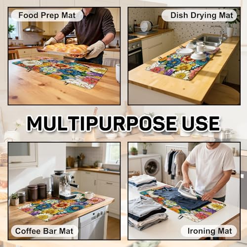 Image of Boho Floral Stove Top Cover for Electric Stove, Bohemia Ethnic Style Range Covers for Electric Stove, Rubber Dish Drying Mat, Glass Cooktop Covers, Flat RV Range top Mats, 28 inchx20 inch