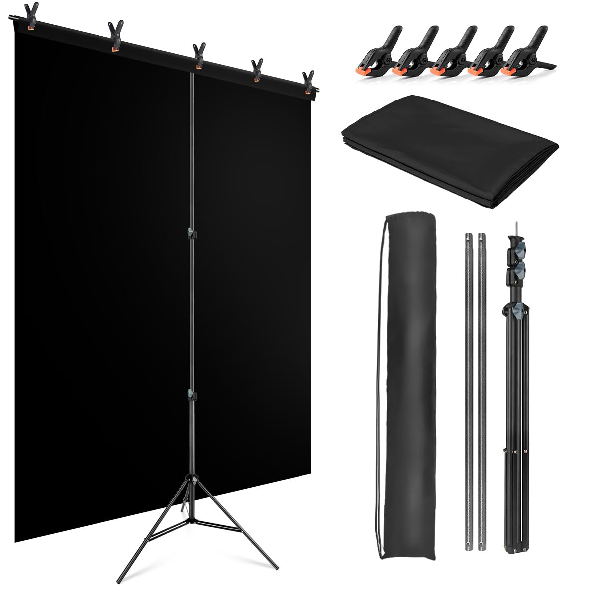 JEBUTU Black Backdrop with Stand 1.5x2m (5x6.5ft)