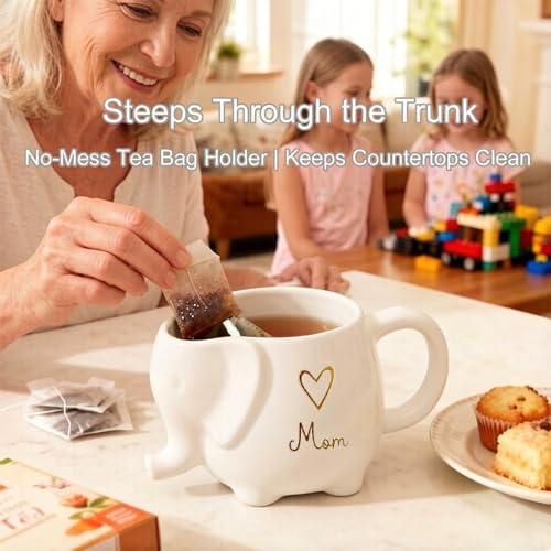 ZAGEVIVIN Elephant Ceramic Tea Mug with Tea Bag Holder, Mom Design with Heart, White Stoneware Coffee Cup, 15 oz, Microwave and Dishwasher Safe (Mom) by ZAGEVIVIN - Used condition - Image 6