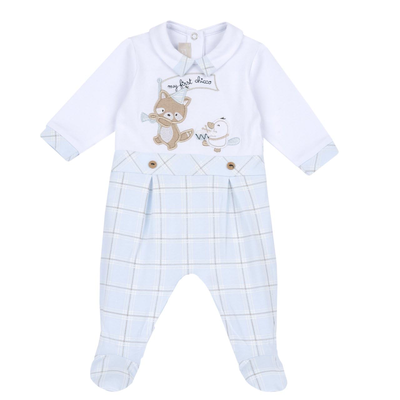 Chicco Baby-Strampler für den Frühling, Baumwolle, weiß und blau, kariert, 1 Monat – 50 cm, Motiv: kleiner Fuchs, blau, 0 Monat