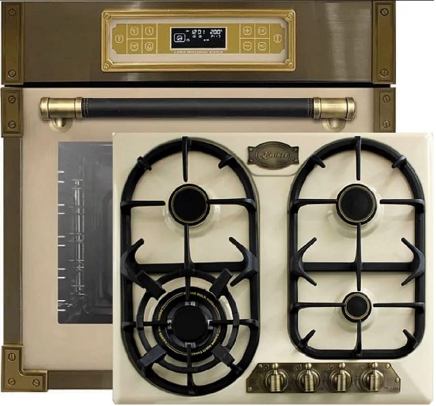 Kaiser Herdset EH 6726 ElfAD+KG 6325 ElfEm Turbo, Retro Einbau Backofen 80L, Elektro Backofenset – 11 Betriebsfunktionen+Einbau Gas Kochfeld 60 cm, Elfenbein Emaille, Erdgas/Propangas/Fl.