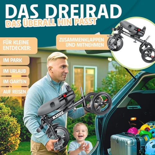 KIDIZ® Dreirad 6in1 Kinderdreirad mit Schubstange Lenkbar ab 9 Monaten bis 25Kg Jogger vorwärts & Rückwärtsfahrt, Korb Tasche Getränkehalter Sonnendach Gummiräder Buggy Fahrrad Baby Klappbar Schwarz