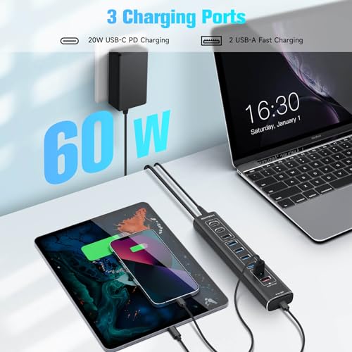 RSHTECH 60W Powered USB Hub, 10-Port USB-C Hub with 3x USB 3.2 10Gbps Data Ports (2C+1A) - Image 4