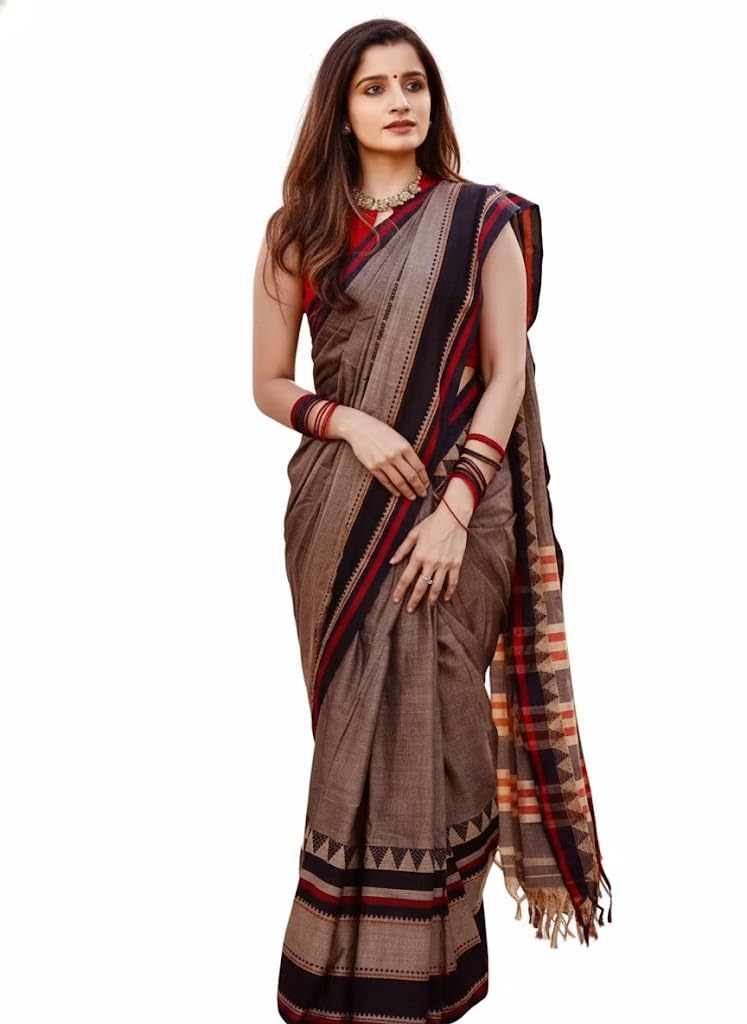 ritisa fashion Women's Pure Cotton Handloom Saree, Brown with Red and Navy Blue Border, Traditional Floral Embroidered, Casual Wear-picture-13