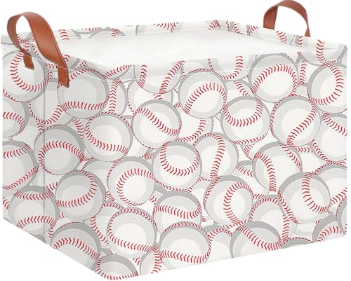 Image of CLOCOR Rectangular Storage Basket,Collapsible Cute Pattern Storage Bin,Waterproof Books Box with Handles,Gift Basket(Big Baseball)