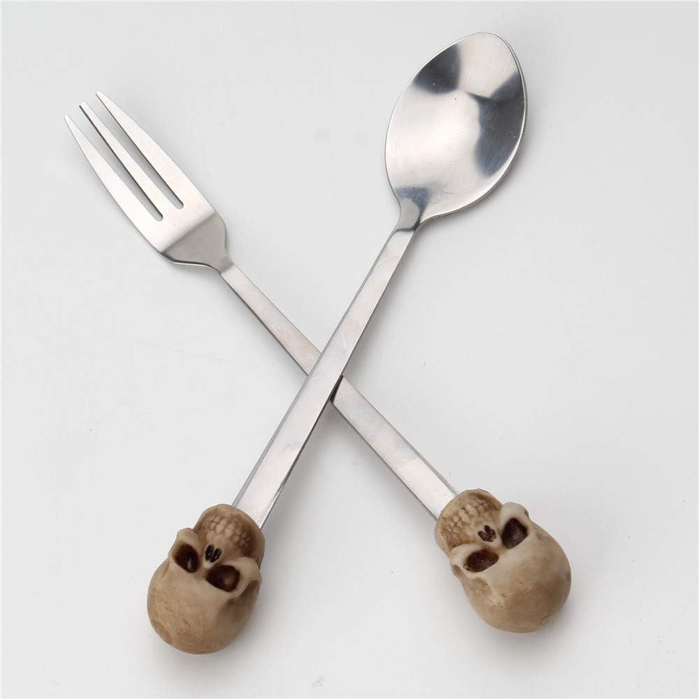 Lots 10pcs Skull Pattern Cutlery 304 Stainless Steel Teaspoons Dinner Spoon Fork Flatware Set Long-handled Sugar Spoons Forks for Coffee