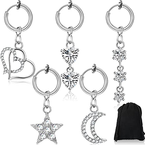 Junkin 5 Pieces Fake Belly Rings Clip on Belly Button Rings Non Piercing Fake Belly Ring Faux Dangle Charm Navel Ring Dangle Hoop Earrings, 5 Styles