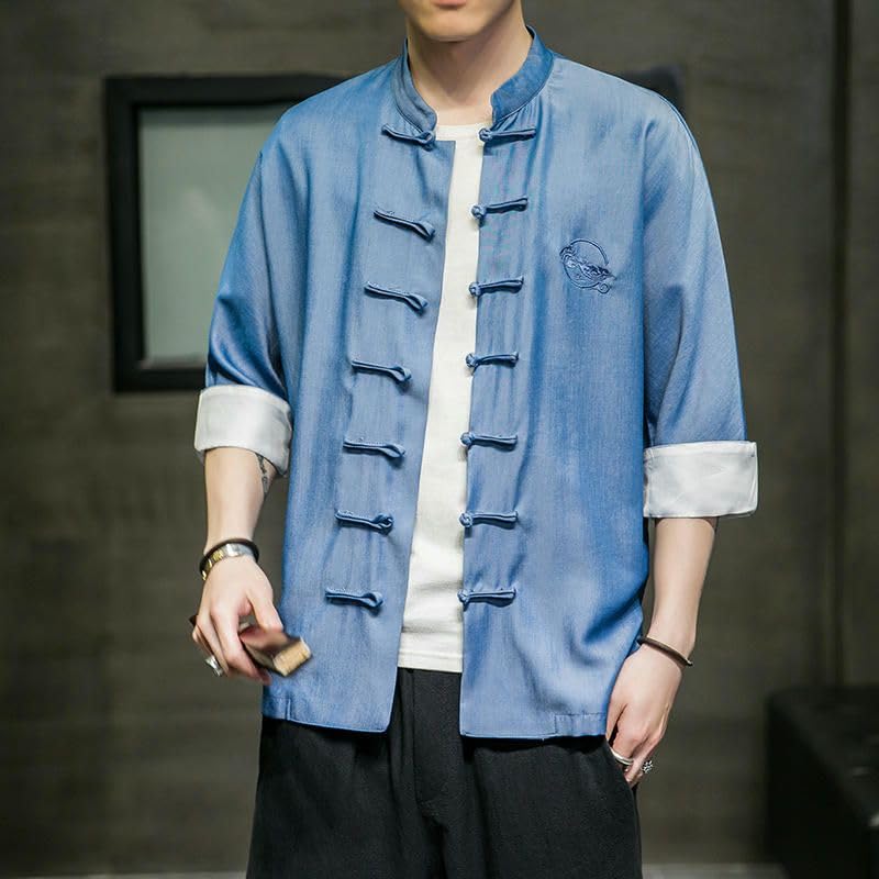 Chemise style chinois homme col montant et finitions boutons grenouille haut de gamme
