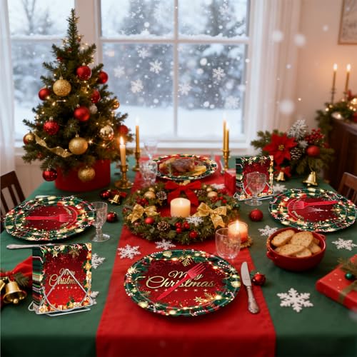 100 Pcs Merry Christmas Party Supplies - Serves 25, Red Green Holiday Disposable Tableware, Includes Paper Plates, Napkins, and Plastic Forks for Xmas Dinner, Winter Celebrations, Seasonal Decorations – Image 7