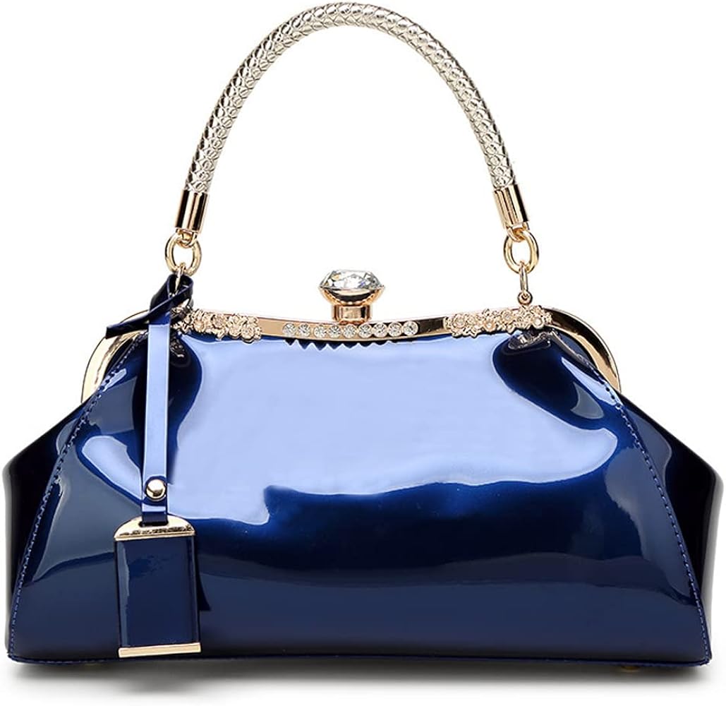Bolso De Mano Para Mujer, 2 Piezas, De Charol Brillante, Con Asa Superior, Bolso De Mano, Bolso De Hombro, Bolsa Cruzada, Tarjetero, Azul, Tamaño único