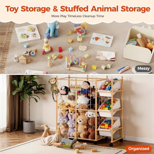 Sevenblue Toy Storage Organizer with 3 Removable Bins, Kids Storage Toy Shelf Organizer for Stuffed Animal Holder for Bedroom Playroom Nursery | Wood & White - 2