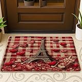 Paris Tower Fußmatte, romantisch, schick, Herzen, Geschenkbox, Valentinstag, rutschfest, Schmutzfangmatte, Teppich, Heimdekoration, für Eingangsbereich, Veranda, Balkon, 73,2 x 43,2 cm, Rot