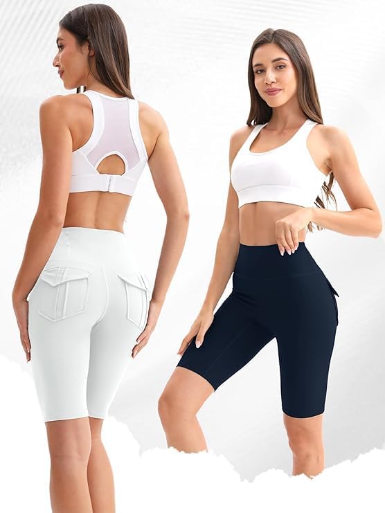 Women Biker Shorts with 3 Pockets Booty High Waisted Tummy Control Buttery Spandex Yoga Shorts