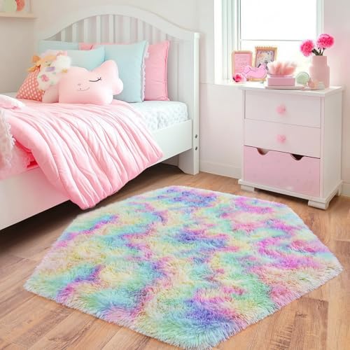 4x4.6 Feet Rainbow Hexagon Rugs for Princess Tent, Ultra Soft Fluffy Hexagon Area Rug for Bedroom, Cute Shag Rugs for Girls Room, Fuzzy Plush Carpet for Kids Room Tent Castle Home Decor