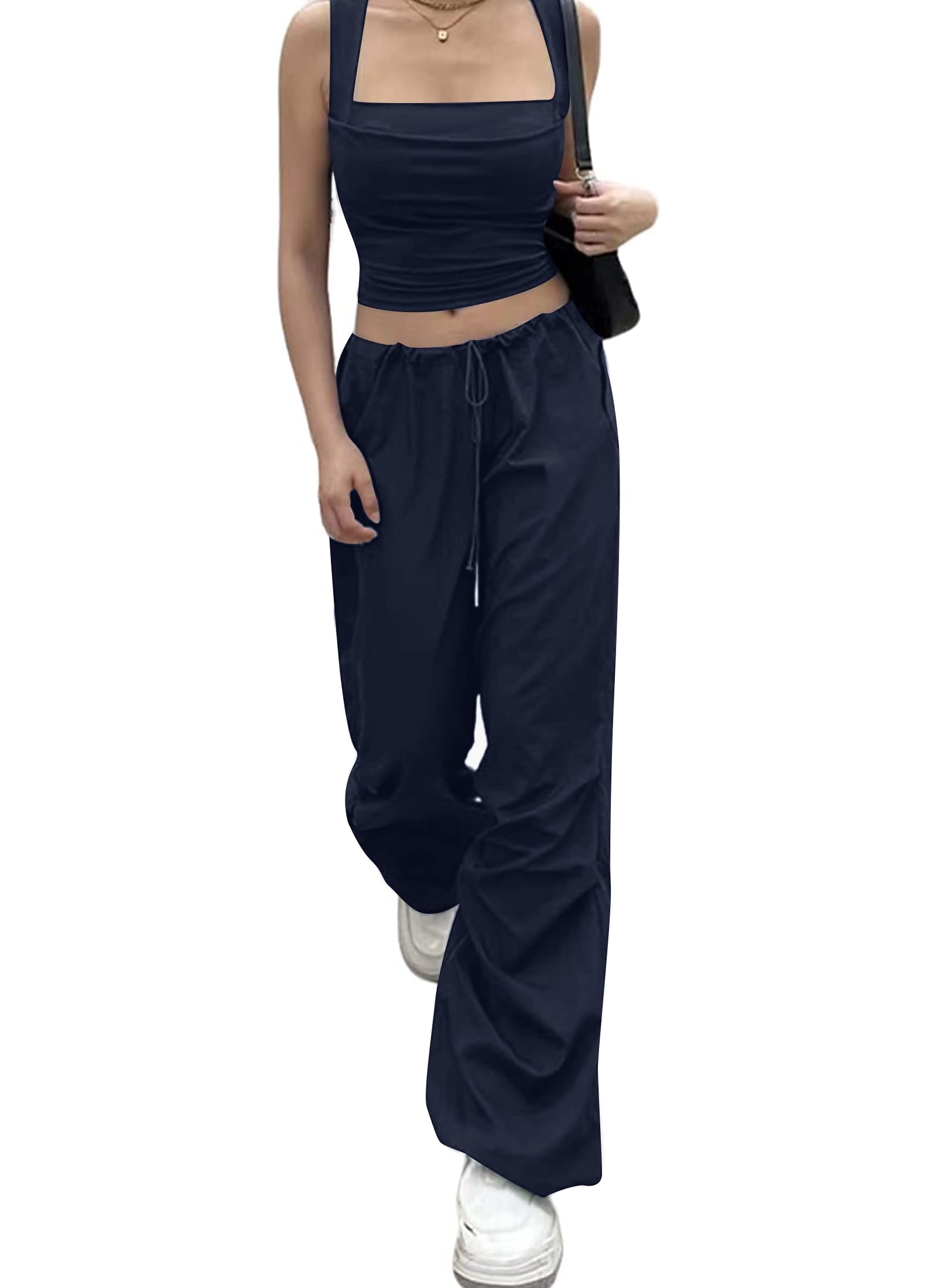 LAOARAWomen Cargo Pants with 3 Pockets Drawstring Y2K Low Waist Baggy Parachute Pants for Teenager