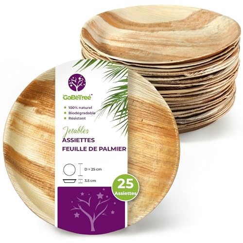 GoBeTree Assiettes Jetables en Feuille de Palmier, 25 Rondes de 25 cm pour Barbecues, Pique-niques, Similaires au Bambou, Plus Résistantes que le Papier