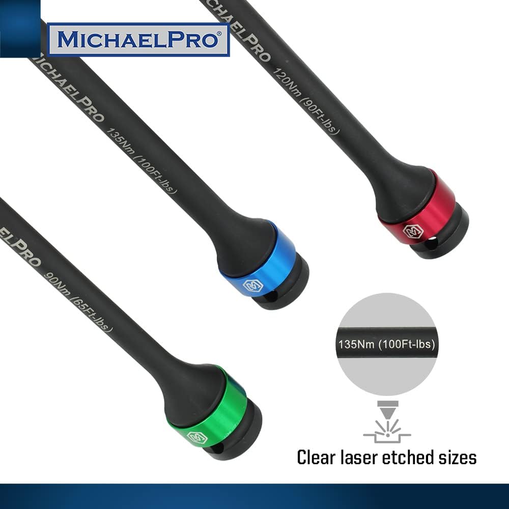 MichaelPro 5-Piece 1/2'' Impact Torque Limiting Extension Bar Set, 65 to 140 Ft-Lbs (90 to 190 Nm), 8-Inch Length, Cr-Mo Impact Grade, for Lug Nut Tightening, Heavy Duty Torque Applications - MP001207