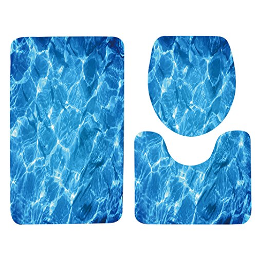 Set 3tlg Badematten, Asnlove Rechteck Badvorleger 75 x 45 CM Badteppich Badgarnitur Matte Badvorleger WC-Deckelbezug Toilettendeckel Set 3tlg Bathroom Rug Mat Weich Duschmatte mit 3D Muster - Blau Cover