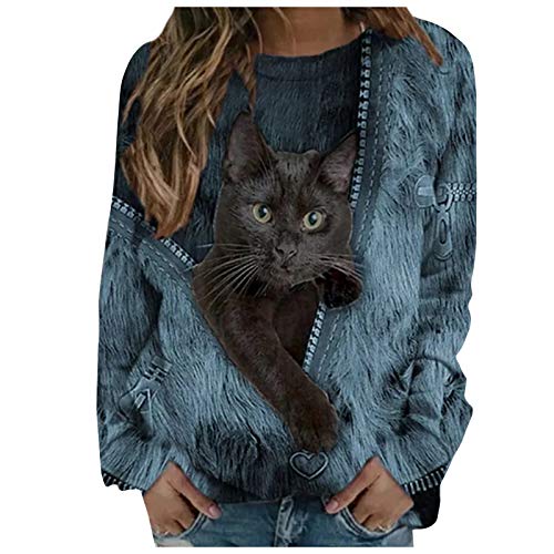 VEMOW Blusas y Camisas de Mujer Manga Larga con Cuello Redondo y Camisa Negro, Estampado de 3D Gato Linda Estilo informal Primavera Otoño Suelto Blusa Sudadera Pullover Túnica Elegante Tops(N Azul,L) Cover