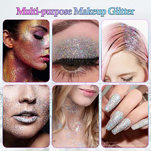 Fine Holographic Glitter Iridescent Silver Glitter Powder, Multipurpose Laser Silver Fine Glitter Bulk Makeup Glitter Metallic Resin Glitter For Tumblers Slime Craft Nail Body Face Hair (7.05Oz,200G) #TOP6