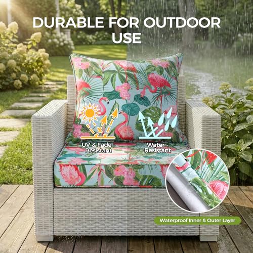 Image of UNIKOME 24 inchx24 inchx4 inch Outdoor Chair Cushions Set - Waterproof Patio Cushions for Outdoor Furniture with Removable Cover, Ties & Handle, Deep Seat Patio Cushions for Sofa Couch - Flamingos