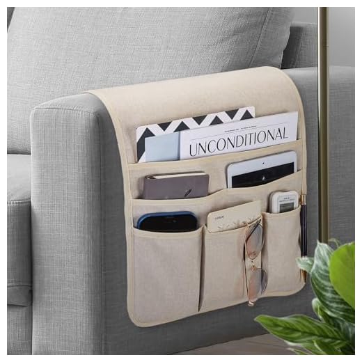 Remote Control Holder Armchair Caddy for Recliner Couch, Non-Slip Armrest Organizer with 5 Pockets for Magazine, Tablet, Phone, iPad (Beige)
