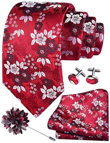 Image of GUSLESON 3.15 inch(8cm) Mens Floral Tie and Lapel Pin Necktie Hankerchief Cufflinks Set for Men