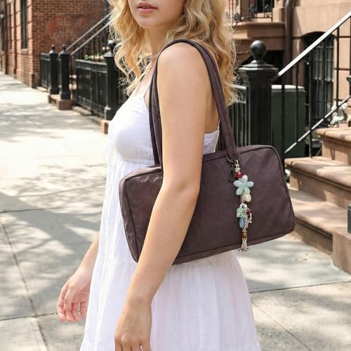 FASTFAIRY Slouchy Lightweight Bowler Bag: Small Chocolate Plum East-West Design With Charm Loop - Everyday Use Outings