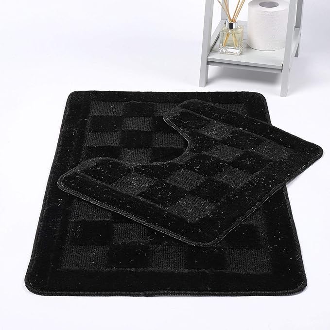 Squares 2 Piece Bath Mat & Pedestal Set – Non Slip & Extra Absorbent – Square Bathroom Toilet Rug Set – Soft Bath Mats for Bathroom Floor (Black)