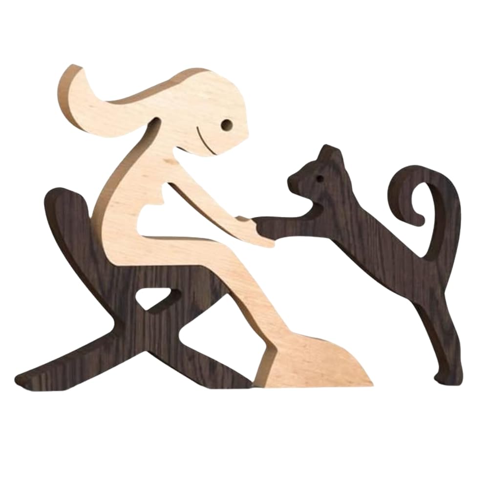 CTRLZS Wooden Family Statue, Handmade Wooden Statue, Pet Carved Wood Sculpture Desktop Decor Bedroom Home Decor Gift A