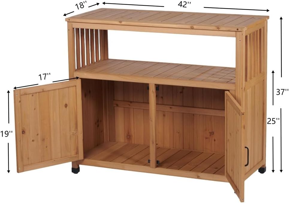 Rustic Wood Potting Bench with Metal Table Top and Storage Cabinet for Outdoor Garden Use, Patio Workstation and Tool Organizer (Bar Table - Light Brown)